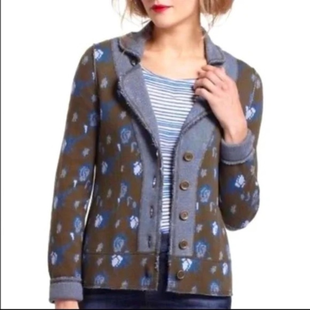 Anthropologie HWR Monogram Brown Blue Jacquard Blazer Sweater Jacket In Size M.